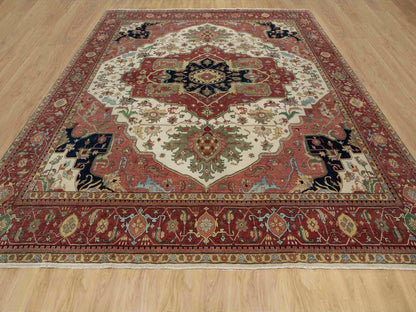 Ivory 12'0" x 12'3" Heriz Hand knotted Wool Rug - Sku: O091107