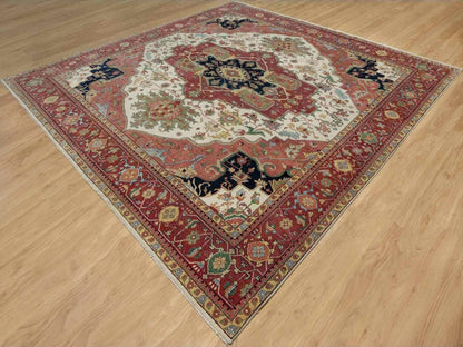 Ivory 12'0" x 12'3" Heriz Hand knotted Wool Rug - Sku: O091107