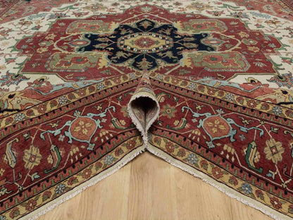 Ivory 12'0" x 12'3" Heriz Hand knotted Wool Rug - Sku: O091107