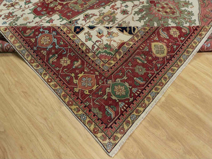 Ivory 12'0" x 12'3" Heriz Hand knotted Wool Rug - Sku: O091107