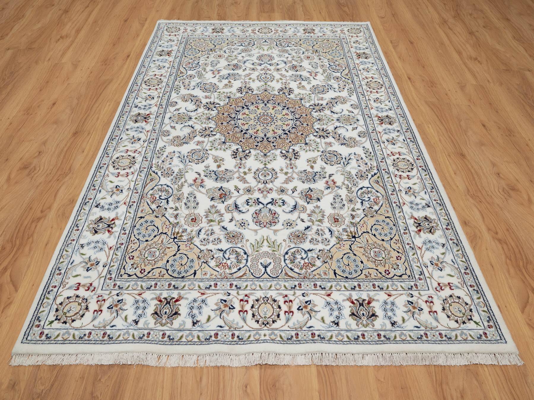 Nain Traditional hand-knotted wool/silk rug in Ivory, 5'10" x 9'2", SKU O091125