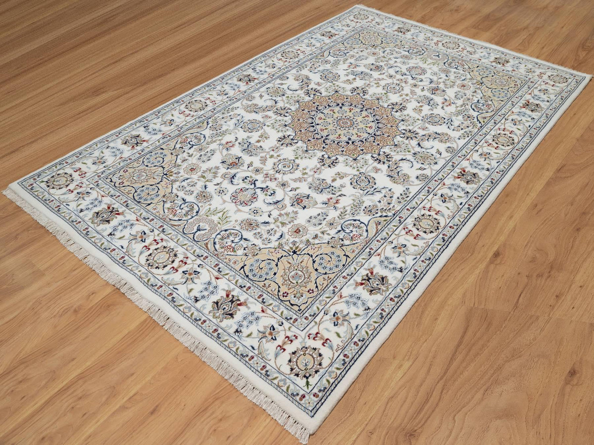 Nain Traditional hand-knotted wool/silk rug in Ivory, 5'10" x 9'2", SKU O091125
