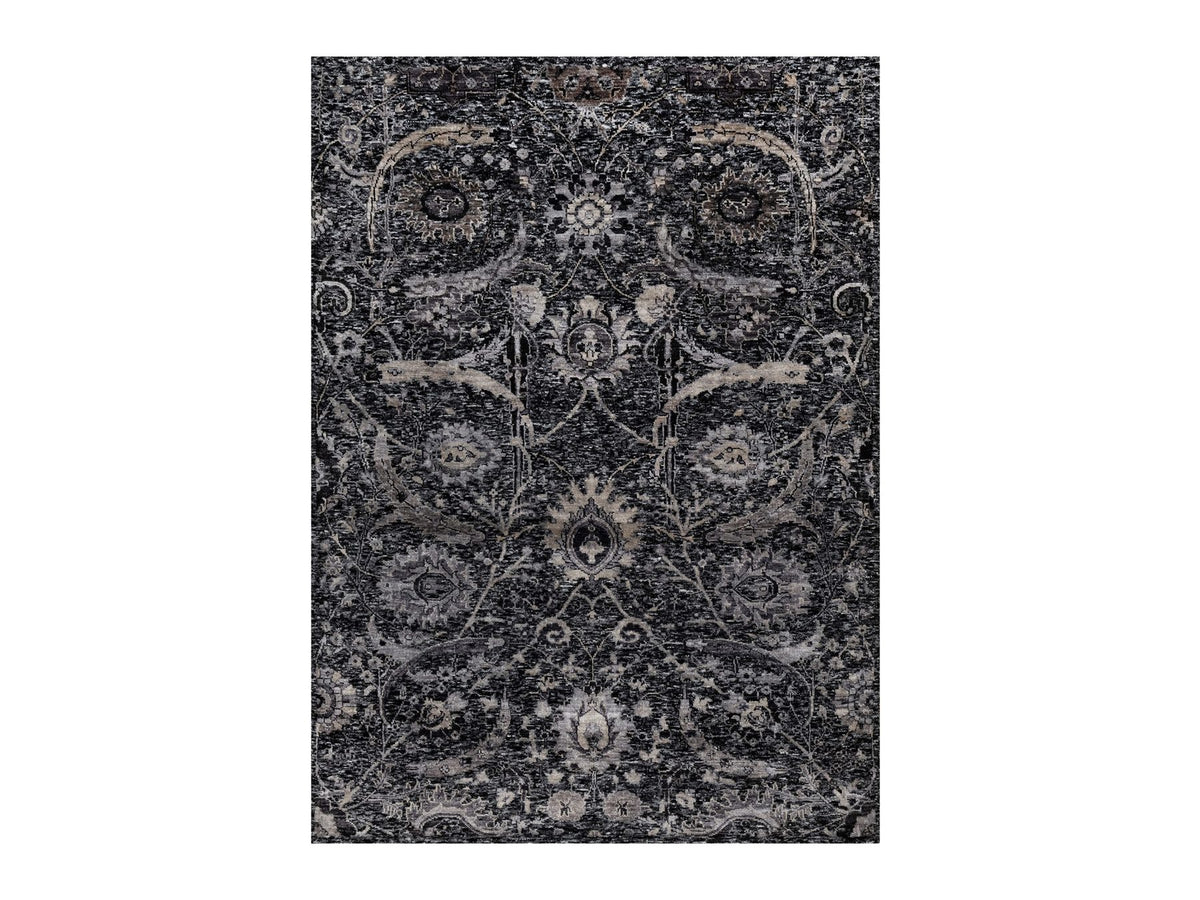 Transitional hand-knotted wool/silk rug in Black, 4'10" x 6'11", SKU O091135