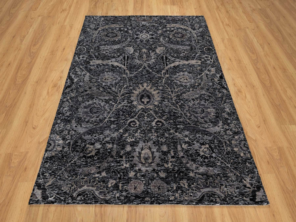 Transitional hand-knotted wool/silk rug in Black, 4'10" x 6'11", SKU O091135