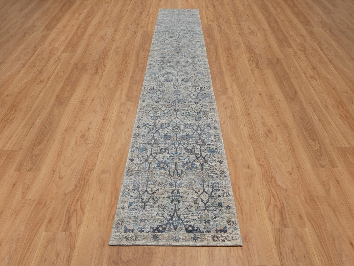 Transitional hand-knotted wool/silk runner in Ivory, 2'7" x 15'9", SKU O091158