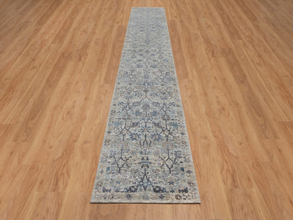 Ivory 2'7" x 15'9" Transitional Hand knotted Wool/Silk Rug - Sku: O091158