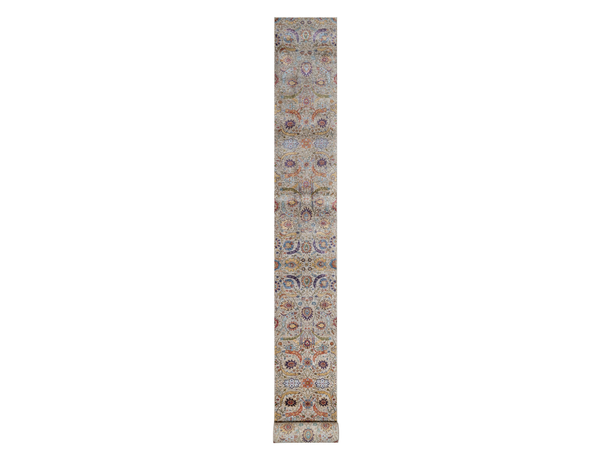Transitional hand-knotted wool/silk runner in Ivory, 2'5" x 26'0", SKU O091159