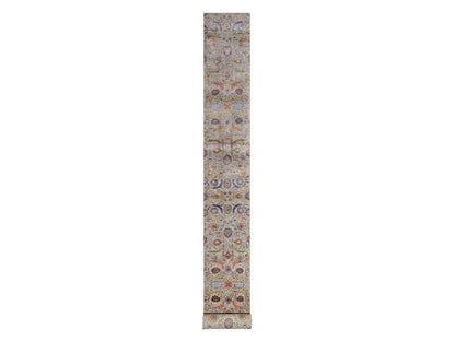 Ivory 2'5" x 26'0" Transitional Hand knotted Wool/Silk Rug - Sku: O091159