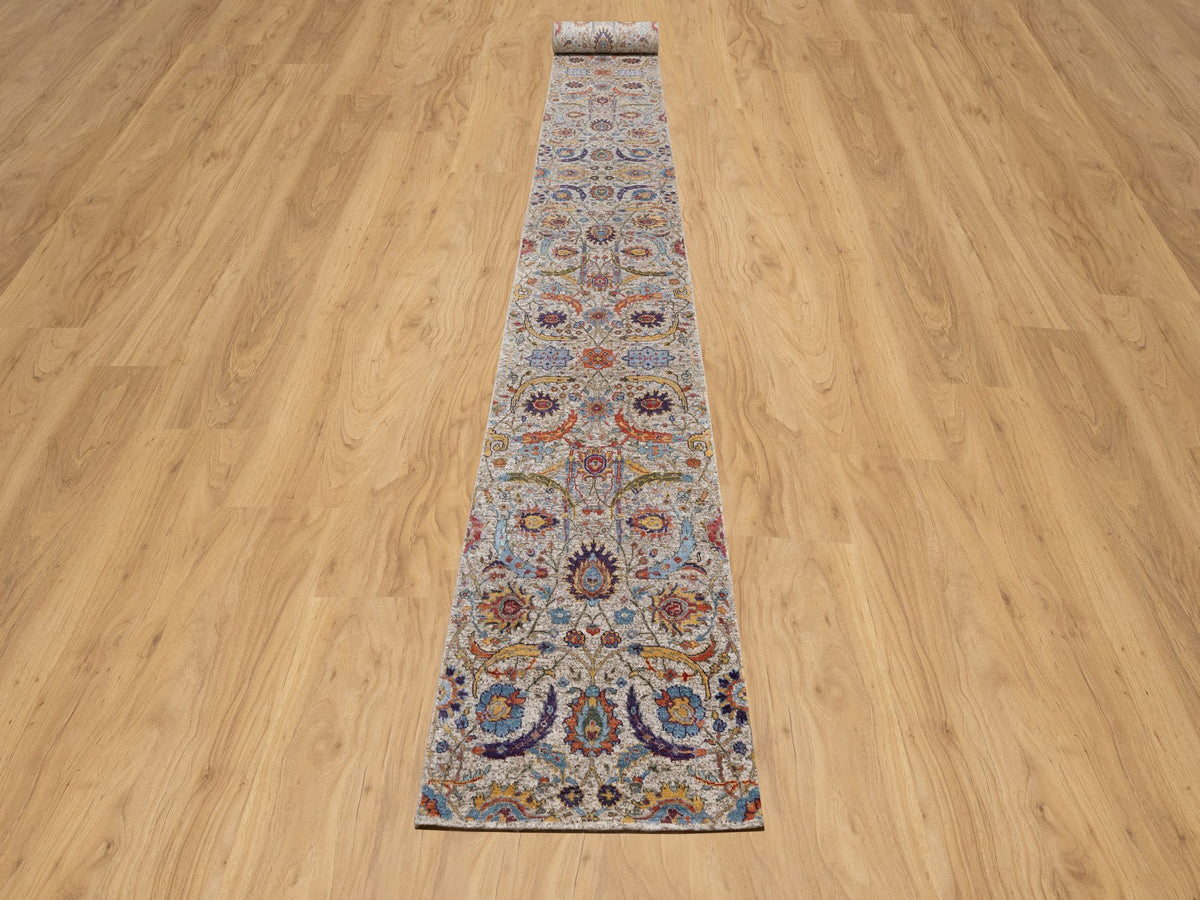 Transitional hand-knotted wool/silk runner in Ivory, 2'5" x 26'0", SKU O091159