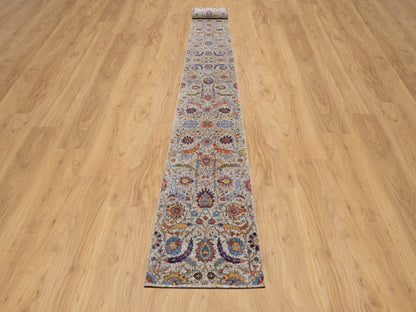 Ivory 2'5" x 26'0" Transitional Hand knotted Wool/Silk Rug - Sku: O091159