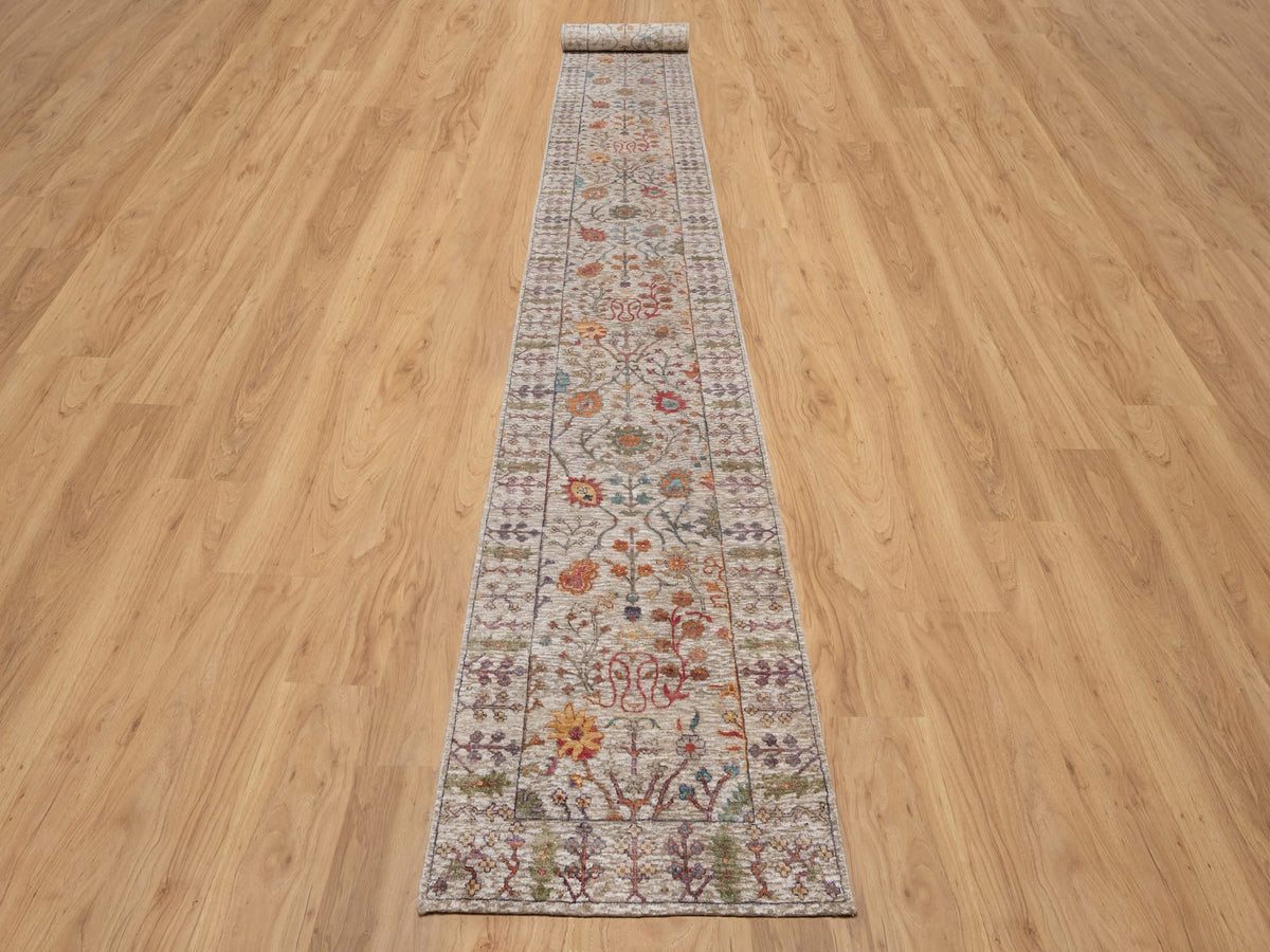 Transitional hand-knotted wool/silk runner in Ivory, 2'7" x 23'9", SKU O091160