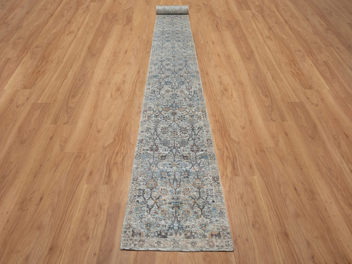 Transitional hand-knotted wool/silk runner in Ivory, 2'7" x 25'9", SKU O091162