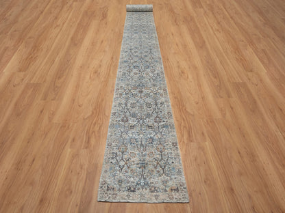 Ivory 2'7" x 25'9" Transitional Hand knotted Wool/Silk Rug - Sku: O091162