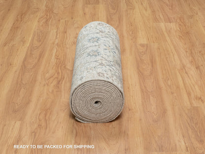 Ivory 2'7" x 25'9" Transitional Hand knotted Wool/Silk Rug - Sku: O091162