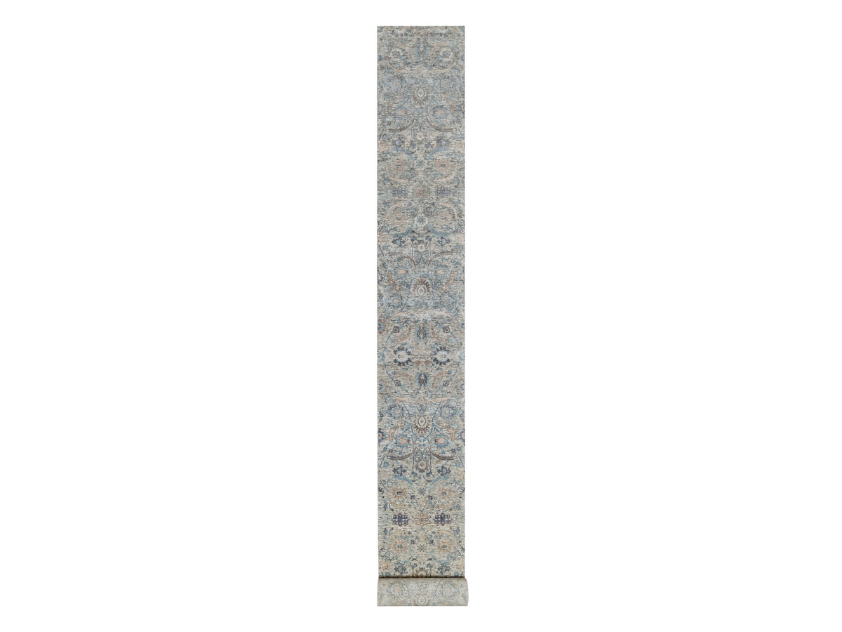 Transitional hand-knotted wool/silk runner in Ivory, 2'6" x 27'9", SKU O091163