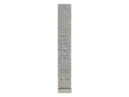 Ivory 2'6" x 27'9" Transitional Hand knotted Wool/Silk Rug - Sku: O091163