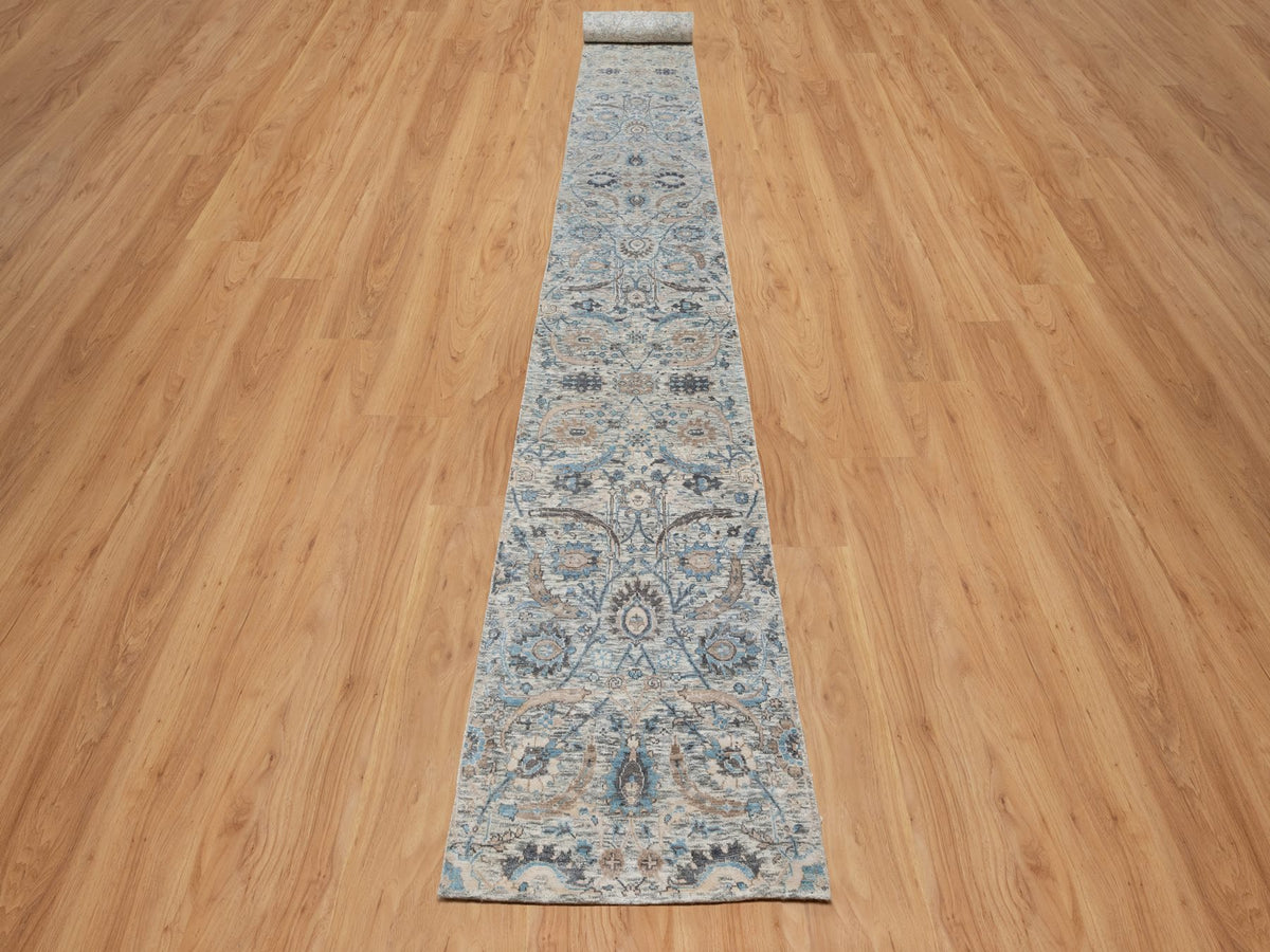 Transitional hand-knotted wool/silk runner in Ivory, 2'6" x 27'9", SKU O091163