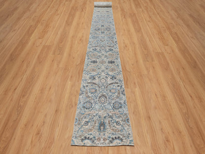 Ivory 2'6" x 27'9" Transitional Hand knotted Wool/Silk Rug - Sku: O091163