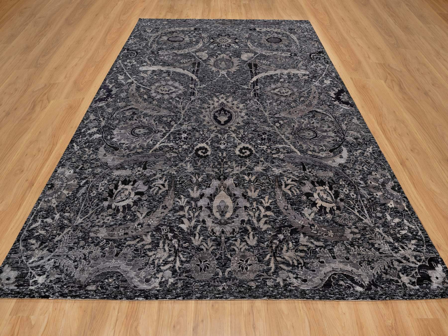 Transitional hand-knotted wool/silk rug in Black, 8'8" x 11'10", SKU O091167