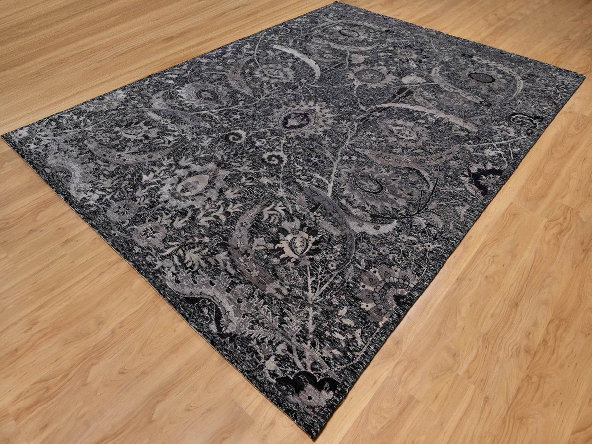 Transitional hand-knotted wool/silk rug in Black, 8'8" x 11'10", SKU O091167