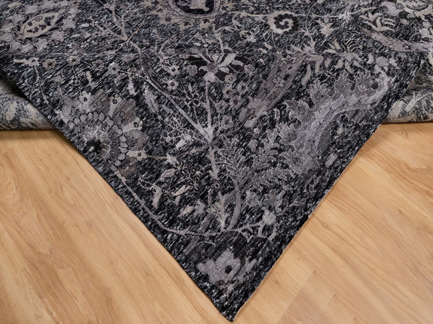 Transitional hand-knotted wool/silk rug in Black, 8'8" x 11'10", SKU O091167