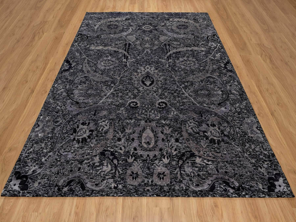 Transitional hand-knotted wool/silk rug in Black, 8'1" x 9'11", SKU O091169
