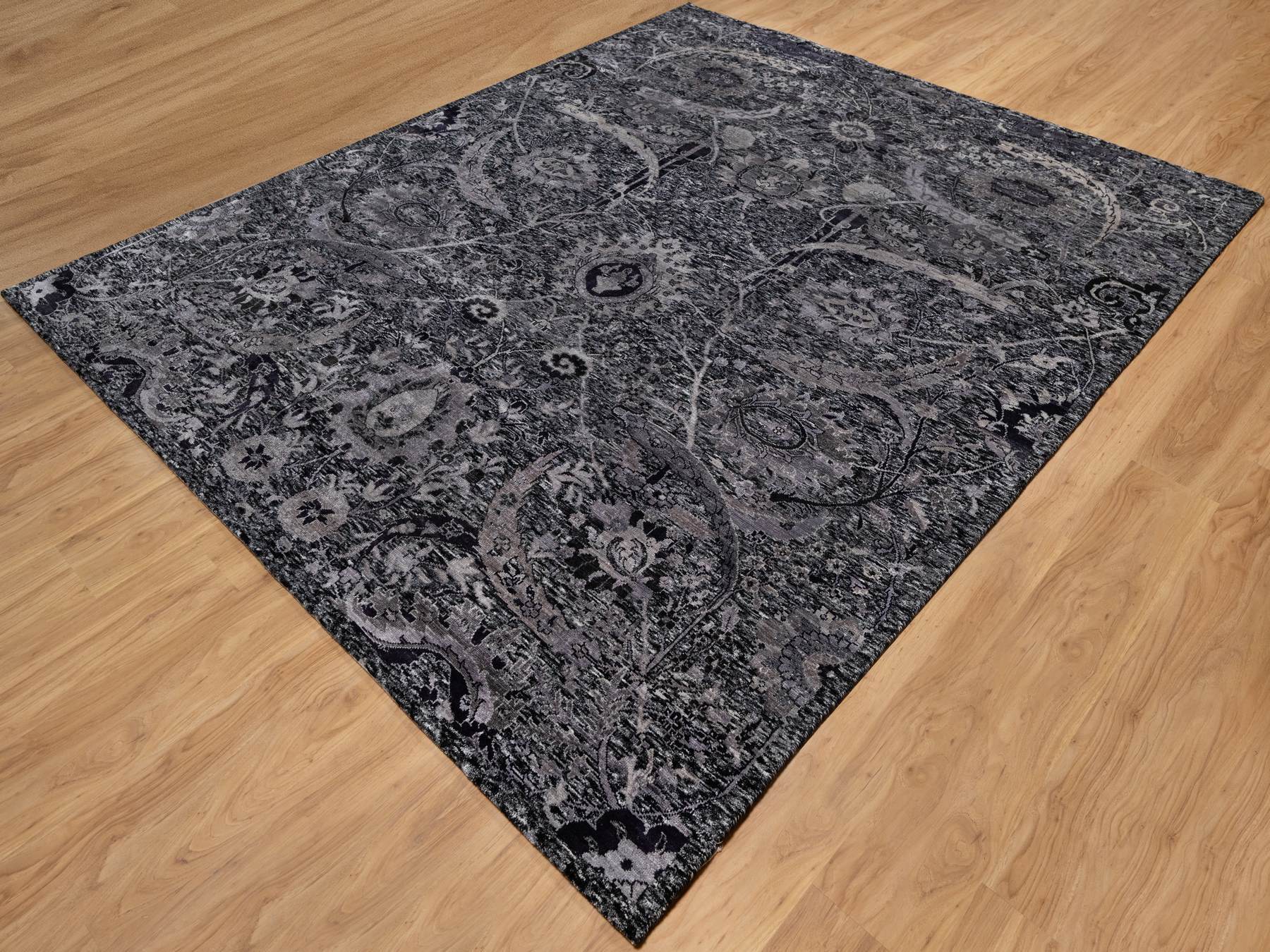 Transitional hand-knotted wool/silk rug in Black, 8'1" x 9'11", SKU O091169