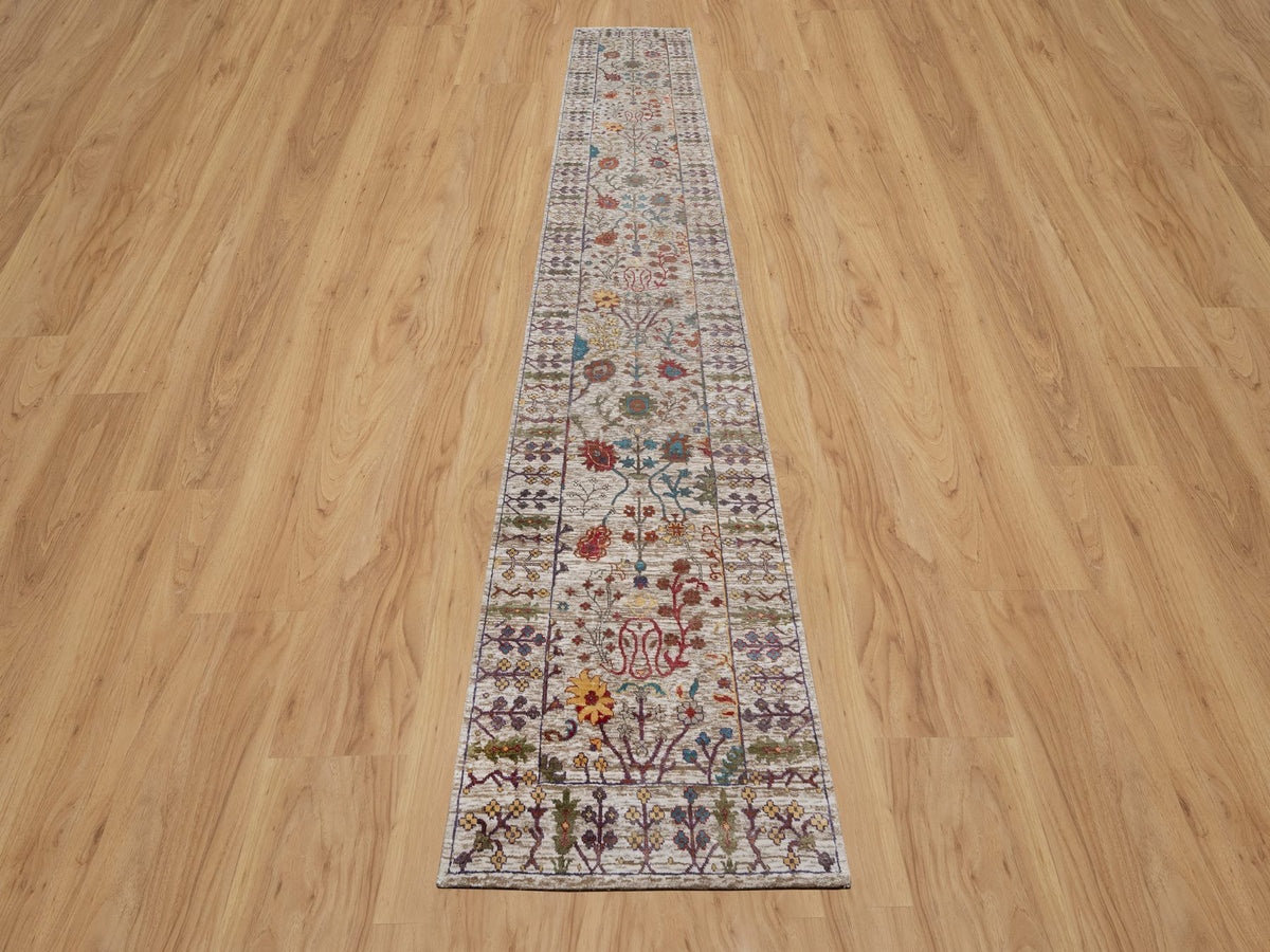 Transitional hand-knotted wool/silk runner in Ivory, 2'8" x 16'2", SKU O091176