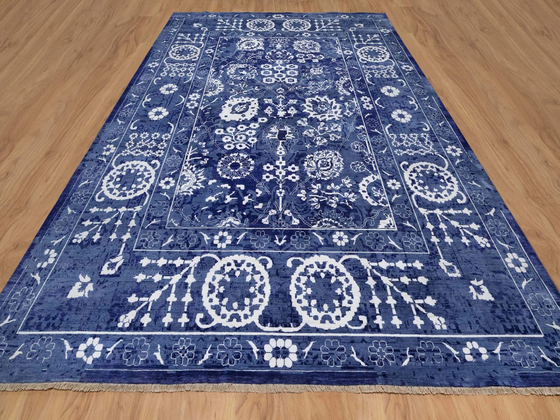 Blue 9'10" x 14'0" Transitional Hand knotted Wool/Silk Rug - Sku: O091227