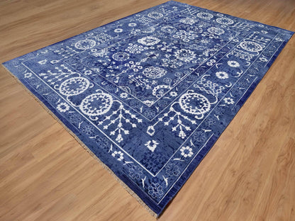 Blue 9'10" x 14'0" Transitional Hand knotted Wool/Silk Rug - Sku: O091227