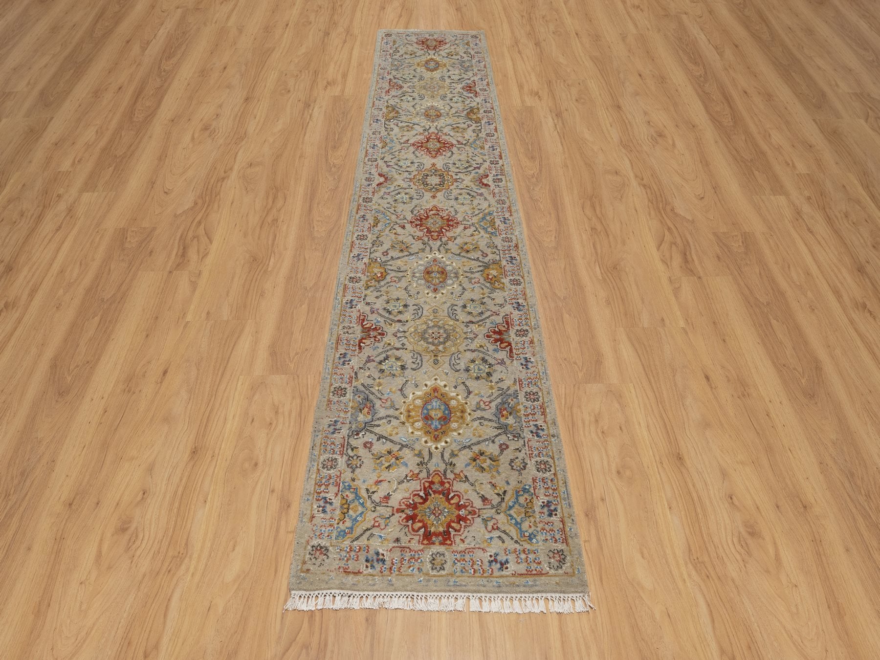 Transitional hand-knotted wool/silk runner in Beige, 2'6" x 11'10", SKU O091287