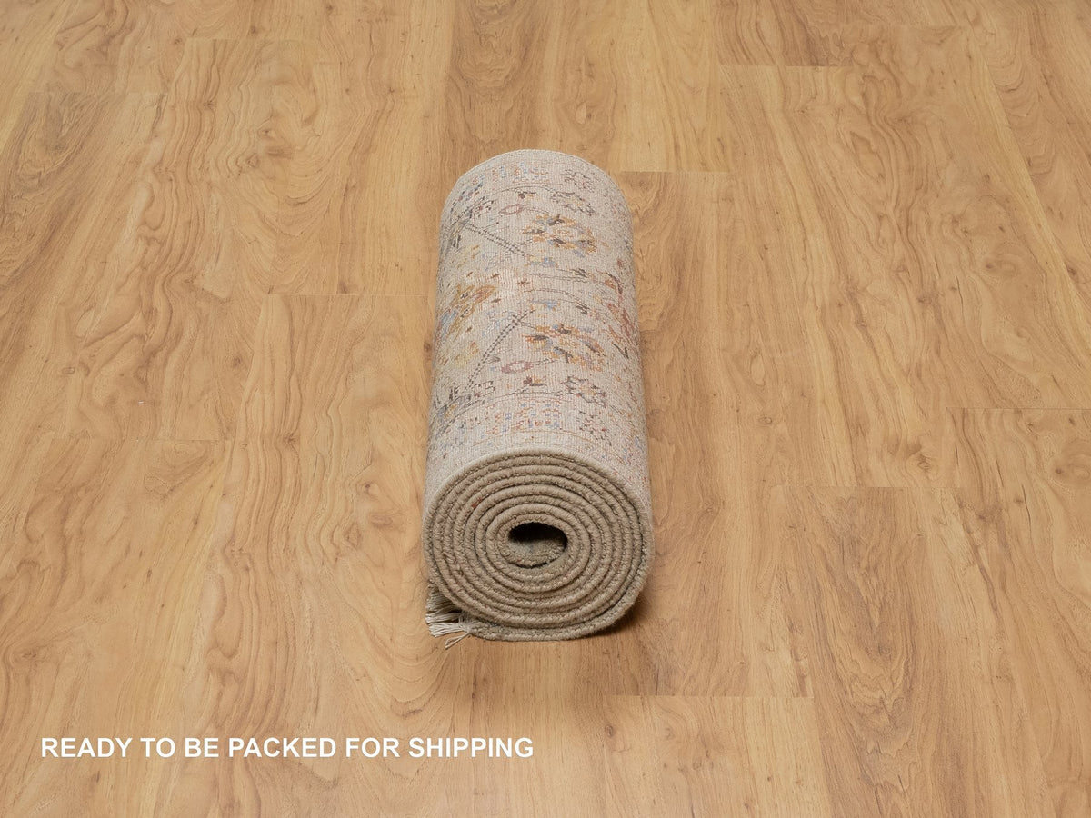 Transitional hand-knotted wool/silk runner in Beige, 2'6" x 11'10", SKU O091287