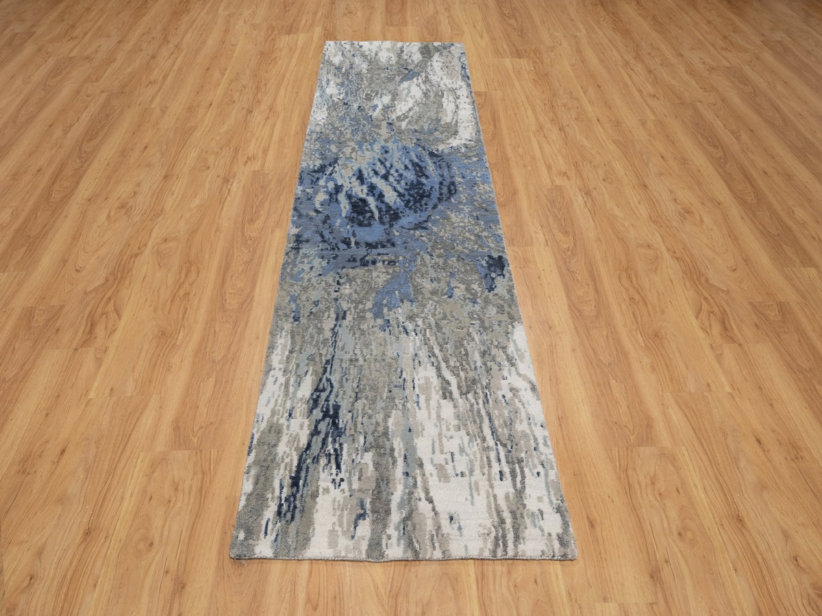 Modern / Contemporary hand-knotted wool/silk runner in Blue, 2'7" x 10'2", SKU O091290