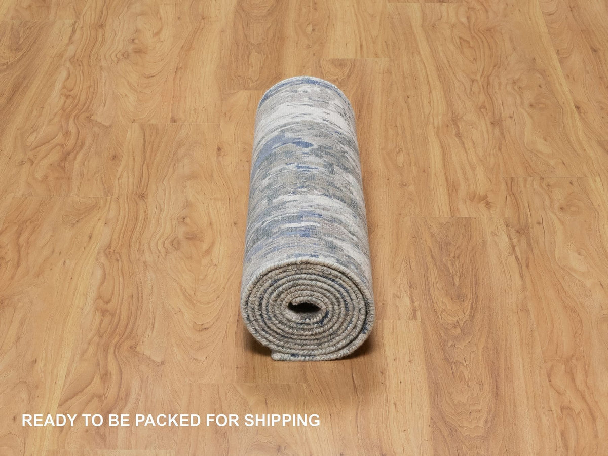 Modern / Contemporary hand-knotted wool/silk runner in Blue, 2'7" x 10'2", SKU O091290