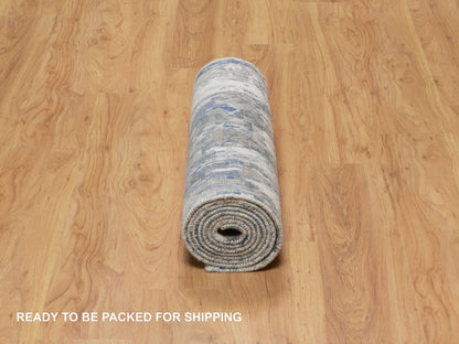 Modern / Contemporary hand-knotted wool/silk runner in Blue, 2'7" x 10'2", SKU O091290