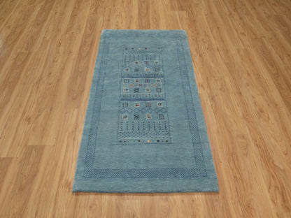 Blue 2'11" x 5'6" Modern and Contemporary Hand knotted Wool Rug - Sku: O091311