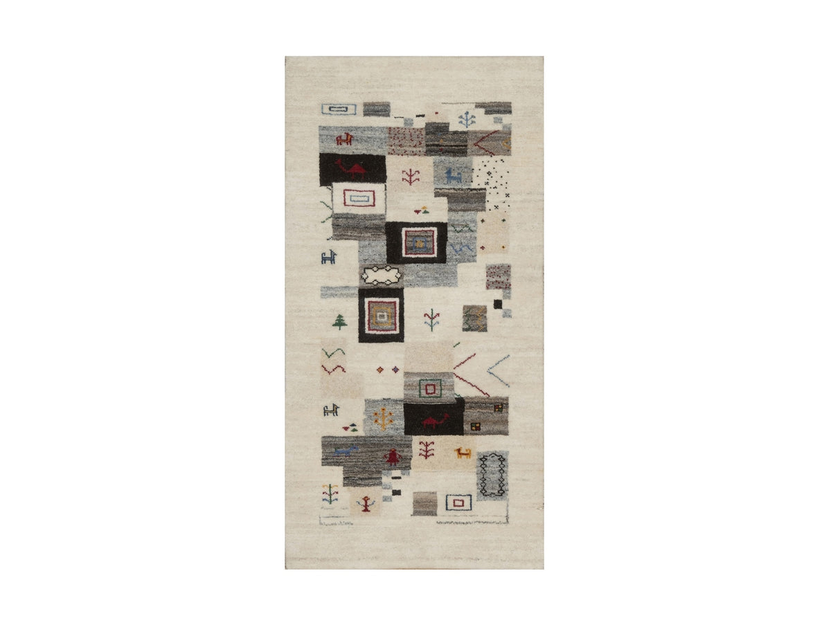 Gabbeh Modern / Contemporary hand-knotted wool runner in Ivory, 2'5" x 4'9" — SKU O091318