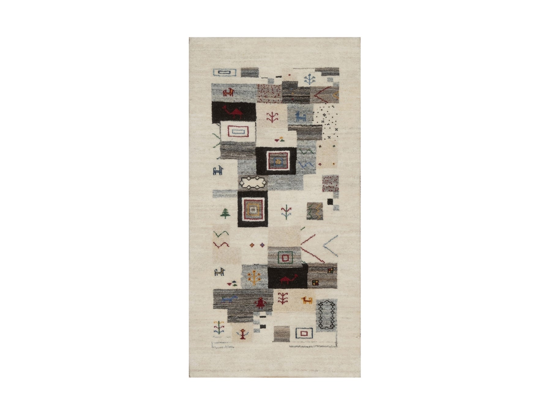 Gabbeh Modern / Contemporary hand-knotted wool runner in Ivory, 2'5" x 4'9" — SKU O091318