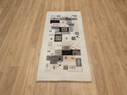 Gabbeh Modern / Contemporary hand-knotted wool runner in Ivory, 2'5" x 4'9" — SKU O091318 (view 2)