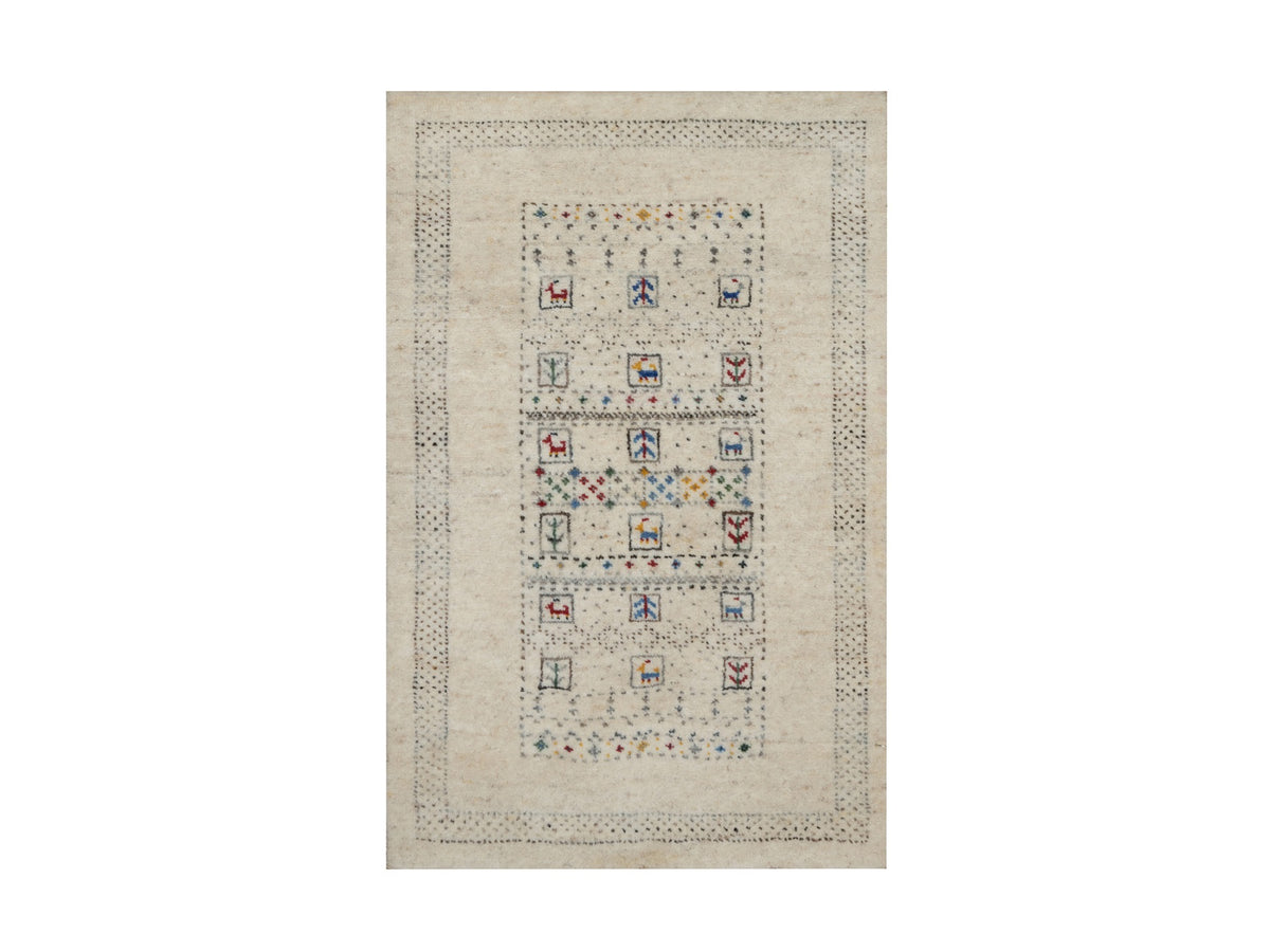 Gabbeh Modern / Contemporary hand-knotted wool rug in Ivory, 2' x 3'1" — SKU O091321