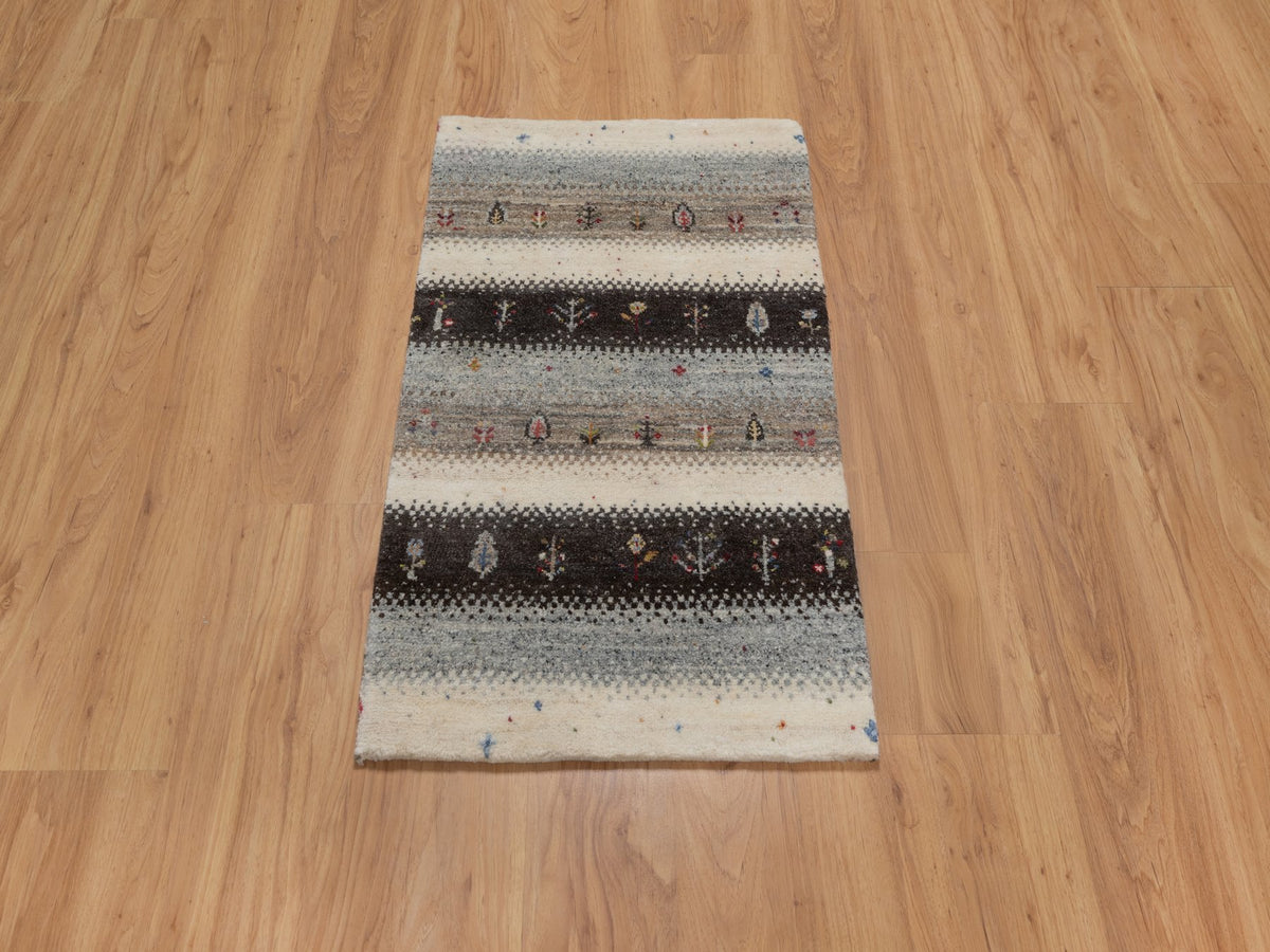 Gabbeh Modern / Contemporary hand-knotted wool rug in Ivory, 1'11" x 3'1" — SKU O091327 (view 2)