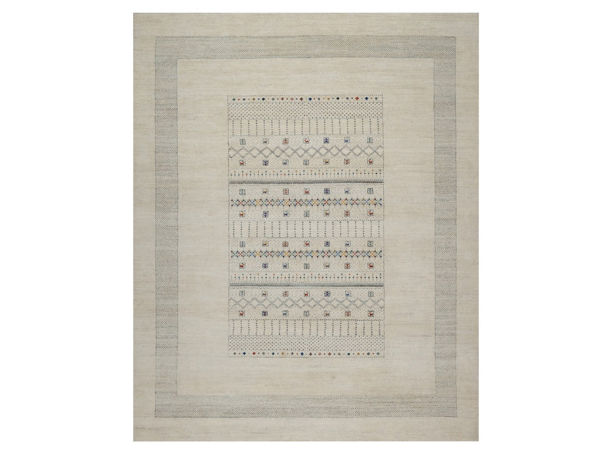 Gabbeh Modern / Contemporary hand-knotted wool rug in Ivory, 8'1" x 10' — SKU O091342