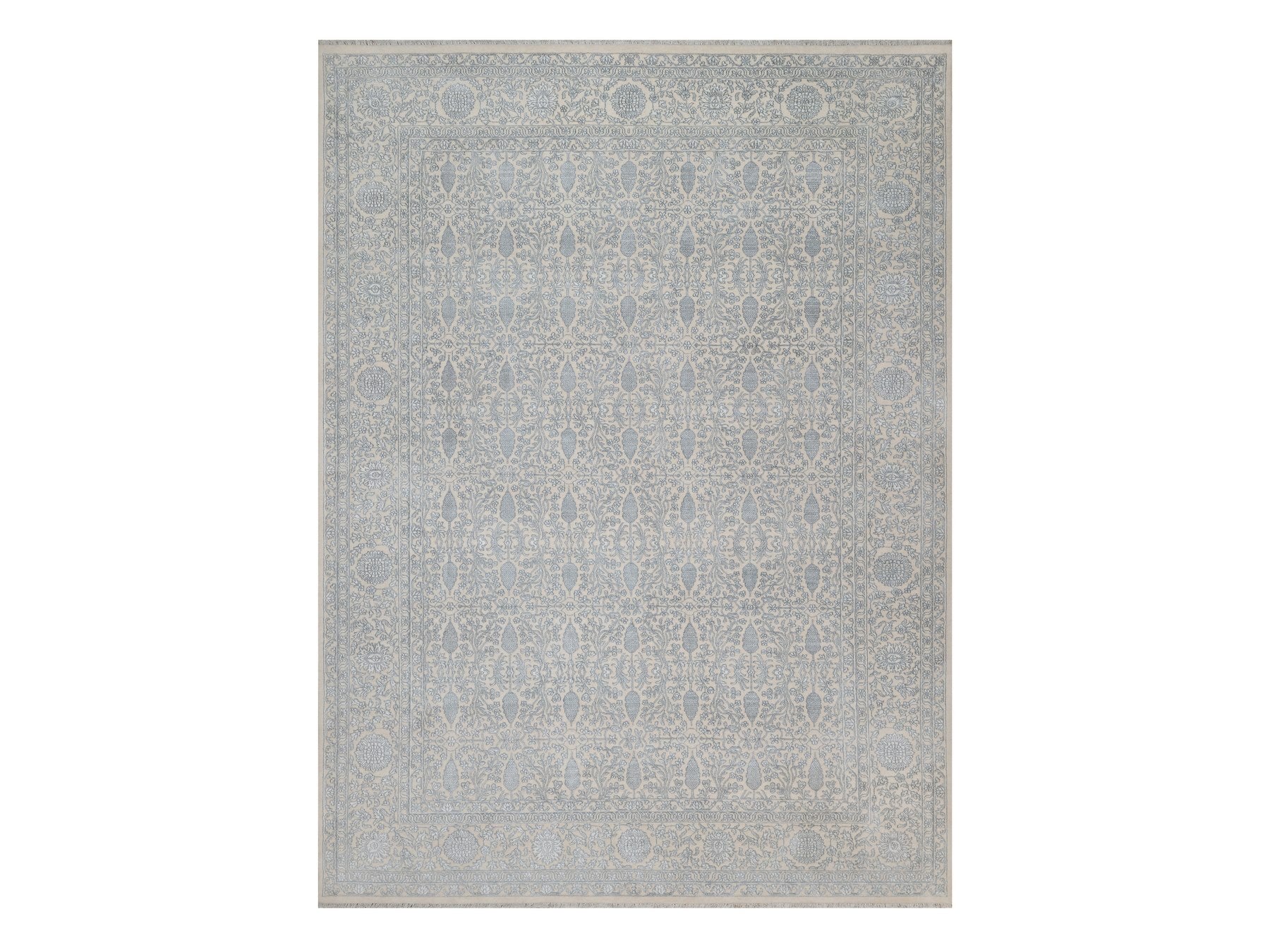 Fine Oriental hand-knotted wool/silk rug in Ivory, 8'11" x 12'1" — SKU O091353