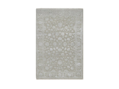 Fine Oriental hand-knotted wool/silk rug in Gray, 4'1" x 6'1" — SKU O091355