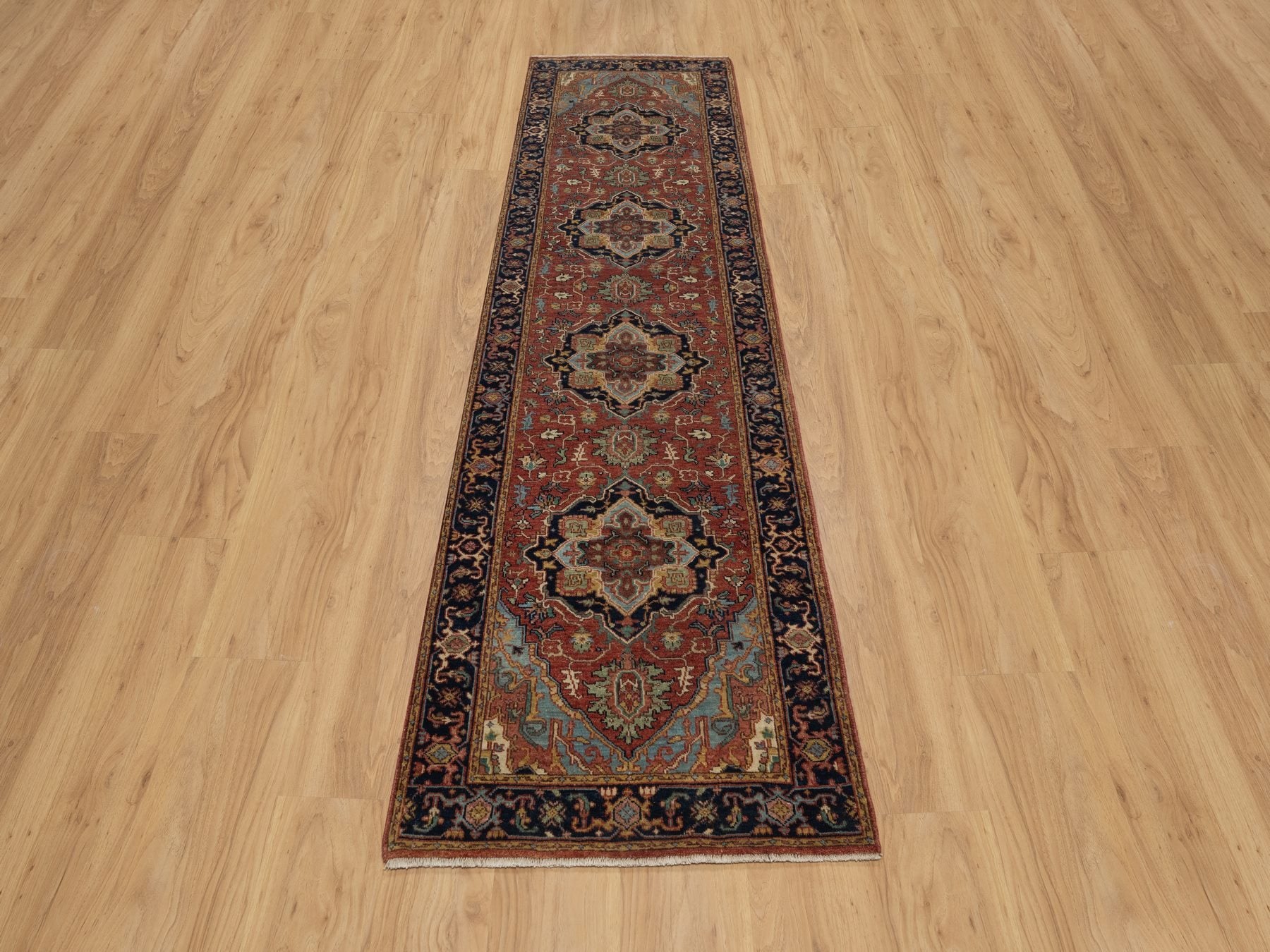 Heriz Heriz hand-knotted wool runner in Red & Midnight Blue, 2'7" x 10' — SKU O091379 (view 2)