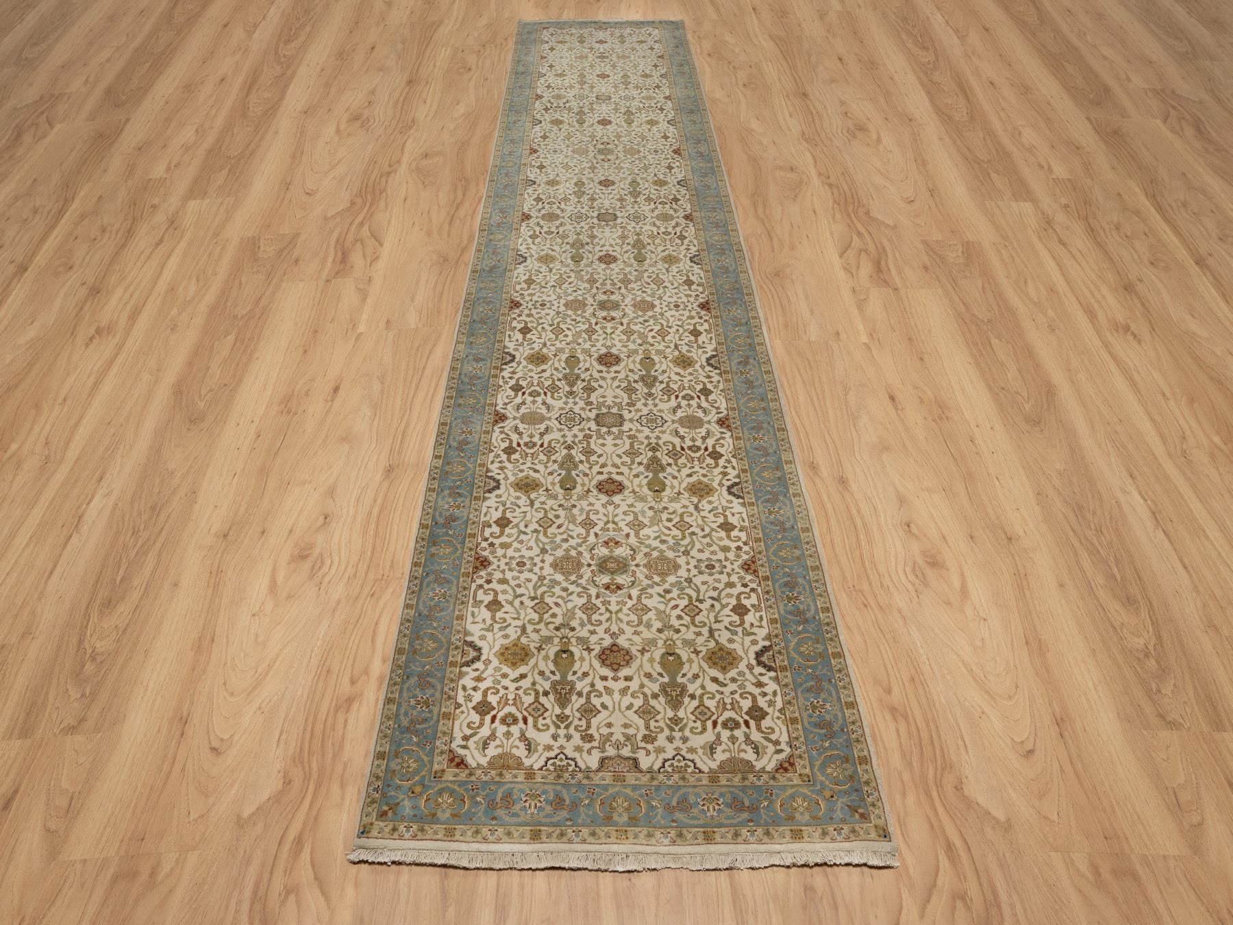 Tabriz Fine Oriental hand-knotted wool runner in Ivory & Blue, 3'1" x 15'6" — SKU O091411 (view 2)