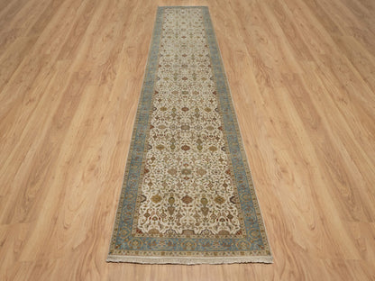 Tabriz Fine Oriental hand-knotted wool runner in Ivory & Blue, 3'1" x 15'6" — SKU O091411 (view 2)