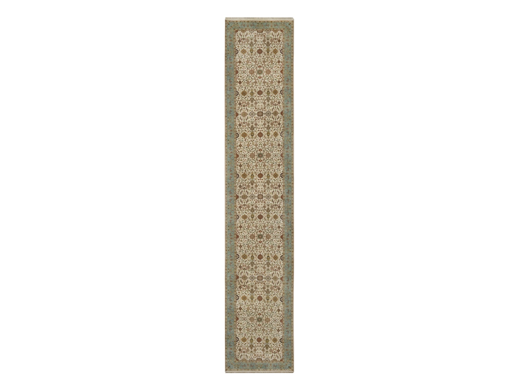 Kashan Fine Oriental hand-knotted wool runner in Ivory & Blue, 3' x 15'6" — SKU O091474