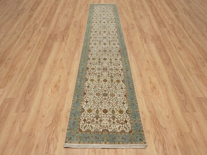 Kashan Fine Oriental hand-knotted wool runner in Ivory & Blue, 3' x 15'6" — SKU O091474 (view 2)