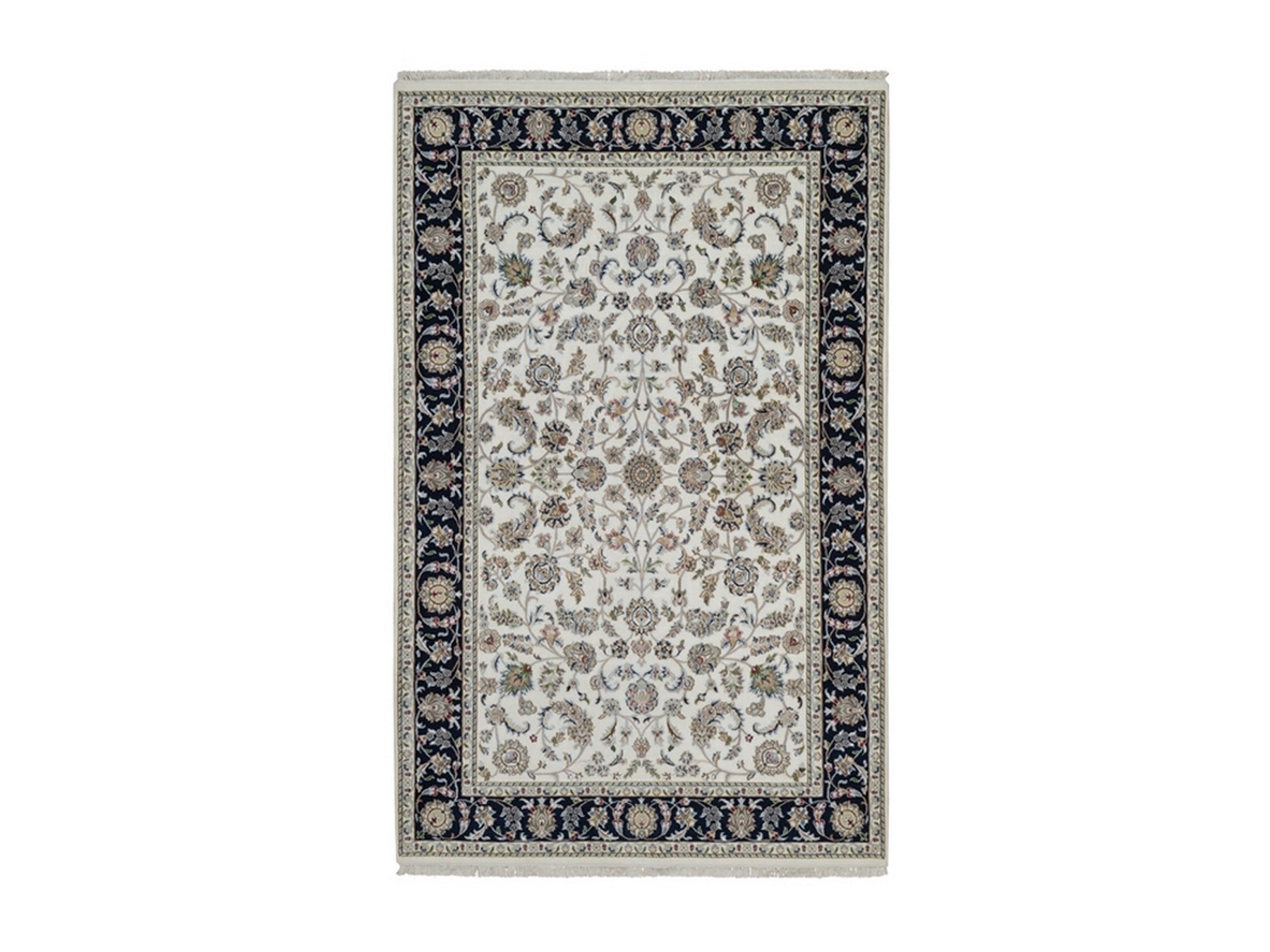 Nain Fine Oriental hand-knotted wool/silk rug in Ivory & Midnight Blue, 5'9" x 9'2" — SKU O091525